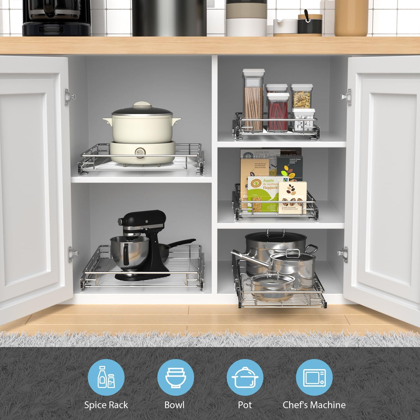 Pull Out Cabinet Organizer, Versatile Slide Out Kitchen Organizers and Storage, Heavy Duty Drawer Cupboard Storage Basket, Smooth Sliding, Chrome Finish (Outside Dimensions: 11.8”W x 21”D)
