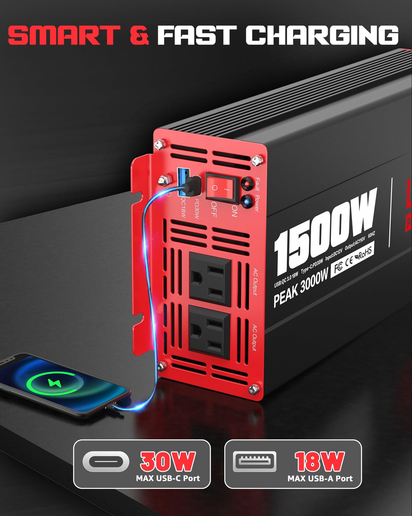 1500 Watt Power Inverter DC 12V to AC 110/120V with Dual Outlets USB-C 30W USB-QC 18W Fast Car Charger Adapter for Vehicles Home RV Car Truck Off-Grid Solar System Converter