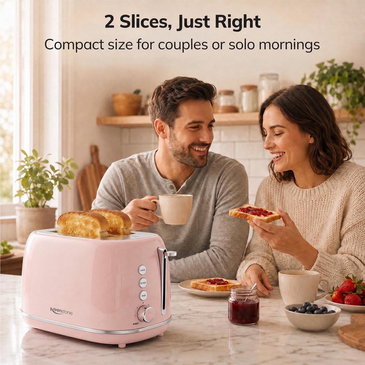Keenstone Toaster 2 Slice Stainless Steel with 6 Bread Shade Settings, Bagel, Cancel, Defrost Function, 2 Slice Retro Toaster with Extra Wide Slot, Removable Crumb Tray, Pink