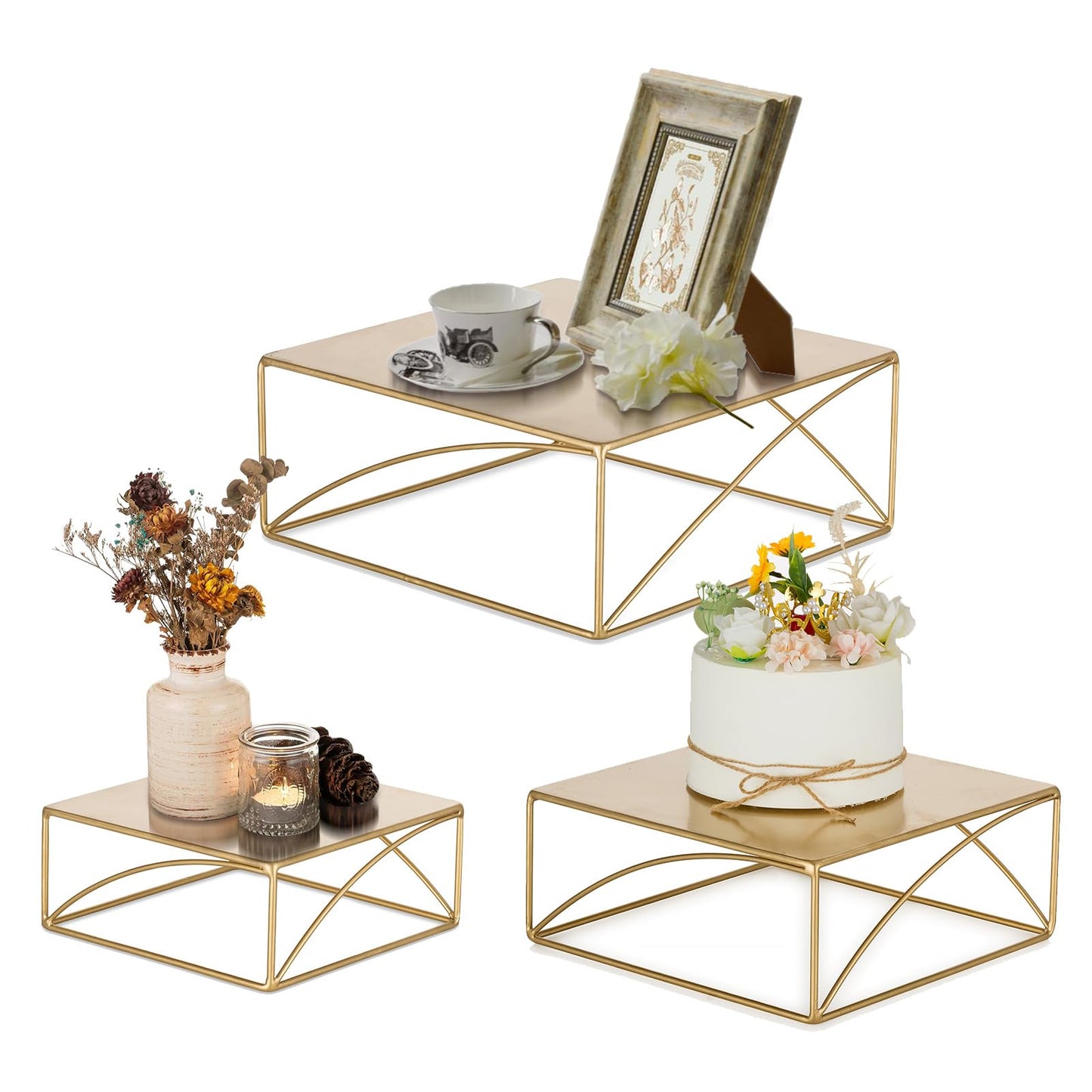 NUPTIO Cake Stand Dessert Display: Gold Cupcake Stands Set of 3 Metal Food Risers for Buffet Table Pedestal Serving Tray for Wedding Anniversary Reception Ceremony Modern Plant Stand 21 26 31CM