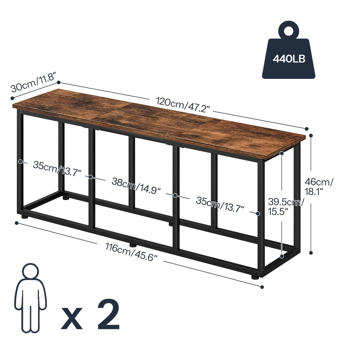 HOOBRO Dining Bench, 120 cm Dining Table Bench, Industrial Style Kitchen Bench, Steel Frame, Easy to Assemble, for Kitchen, Dining Room, Rustic Brown and Black BF45CD01