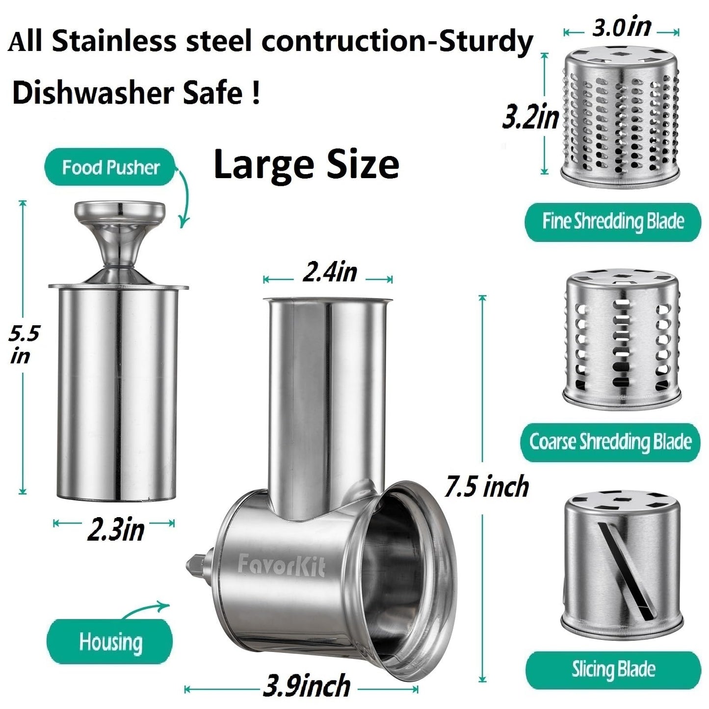 Stainless Steel Slicer Shredder Attachment for KitchenAid Mixers, Dishwasher Safe Vegetable Salad Maker Accessories with 3 Cutting Blades