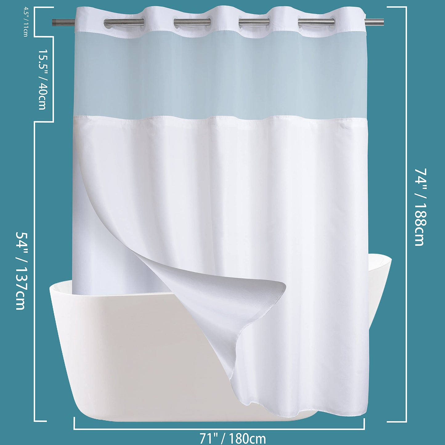 Conbo Mio Hotel Style Shower Curtain with Snap in Liner for Bathroom Waterproof Repellent Machine Washable Removable Polyester Liner (Plain-White, 71" W x 74" H)