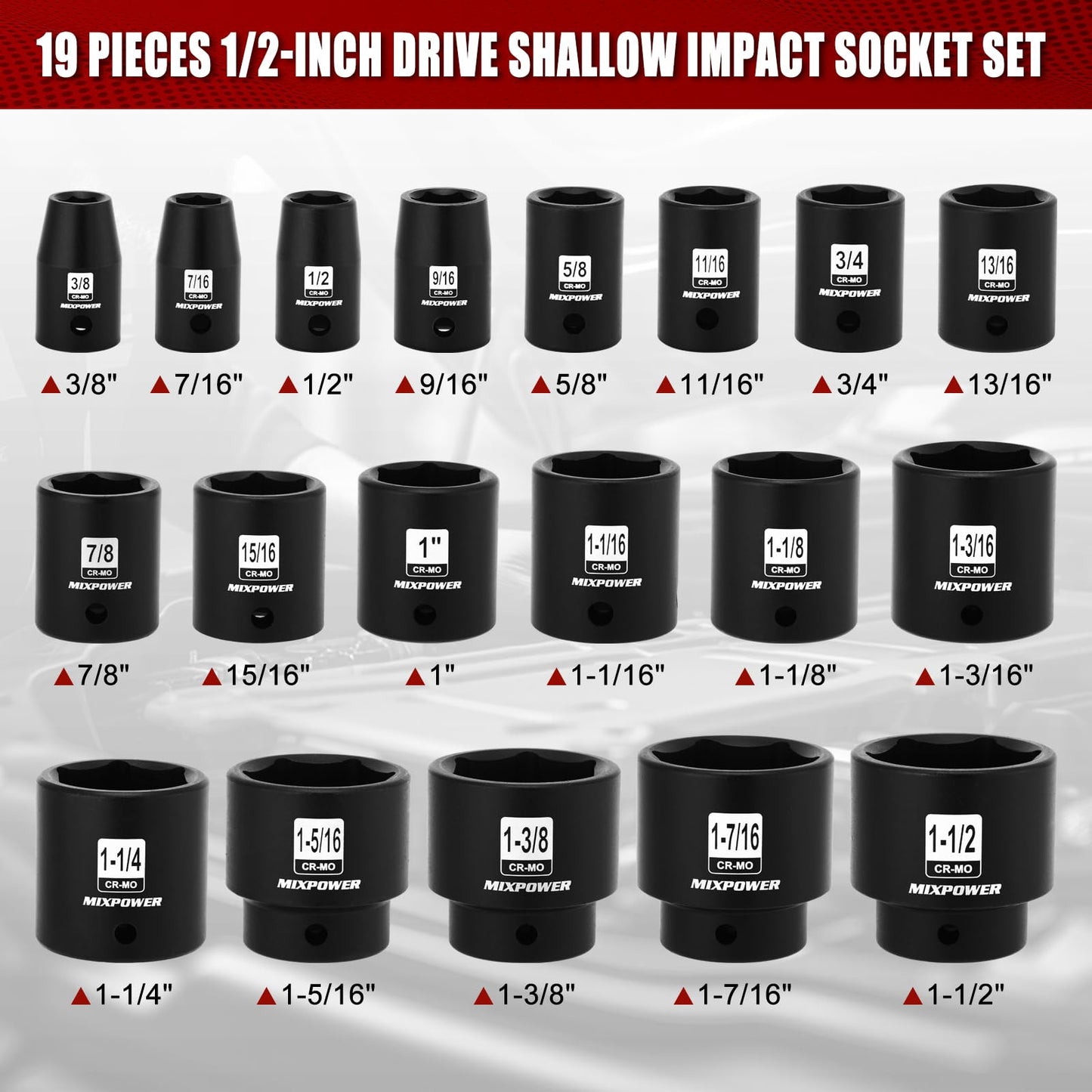 MIXPOWE 19 Piece 1/2-Inch Drive Standard Impact Socket Set, SAE, Shallow, 3/8" to 1-1/2", Cr-Mo Alloy Steel, Radius Corner Design, Impact Grade