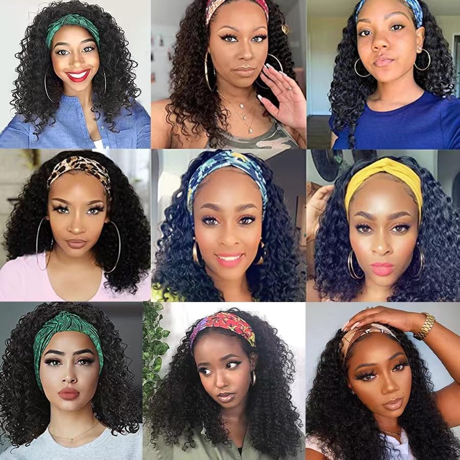 Headband Wig Human Hair Wigs for Black Women Glueless None Lace Curly Wave Wig Brazilian Virgin Hair Machine Made 150% Density Wigs Natural Color perruque femme humain (jerry curly, 16 inch)