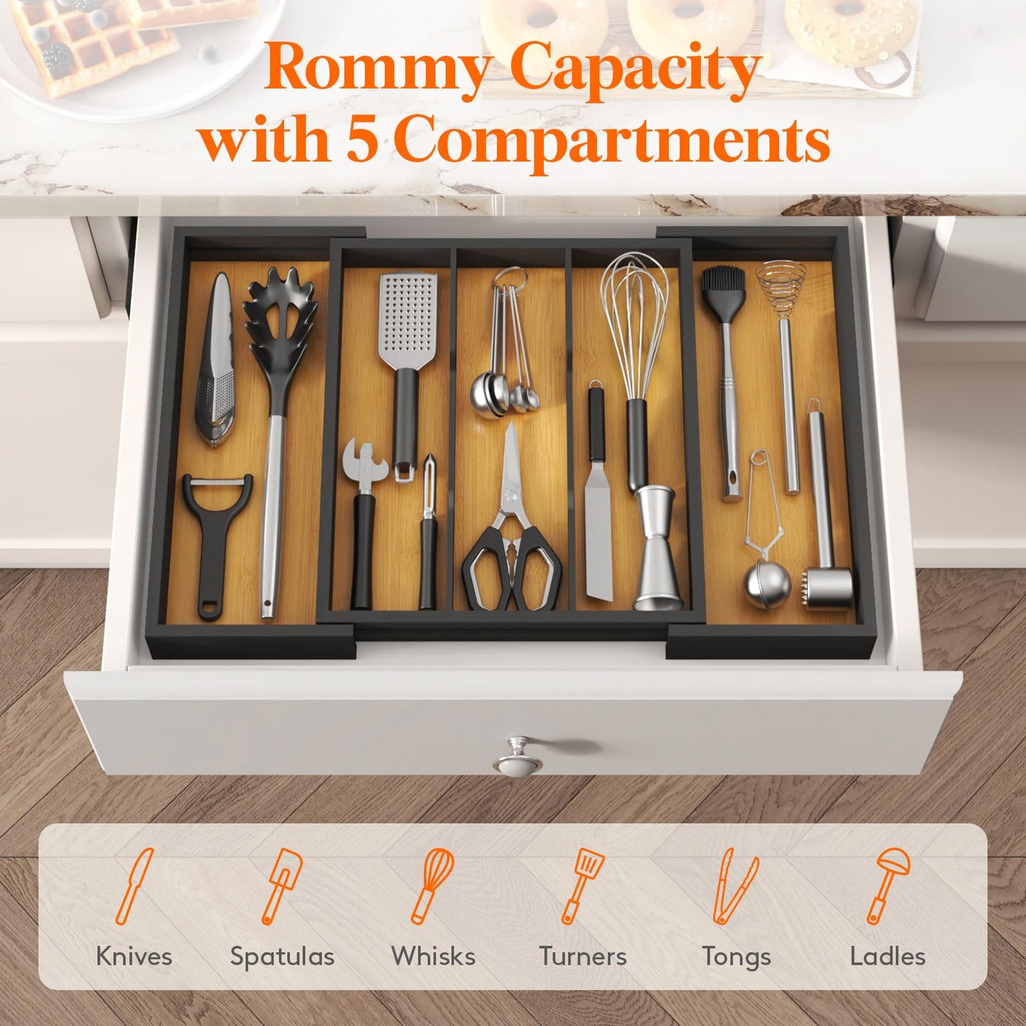 Lifewit Utensil Organizer for Kitchen Drawer, Bamboo Cooking Utensil Tray, Expandable Cutlery Silverware Flatware Holder, Adjustable Spatula Tools Gadgets Storage Divider, Large, Natural and Black