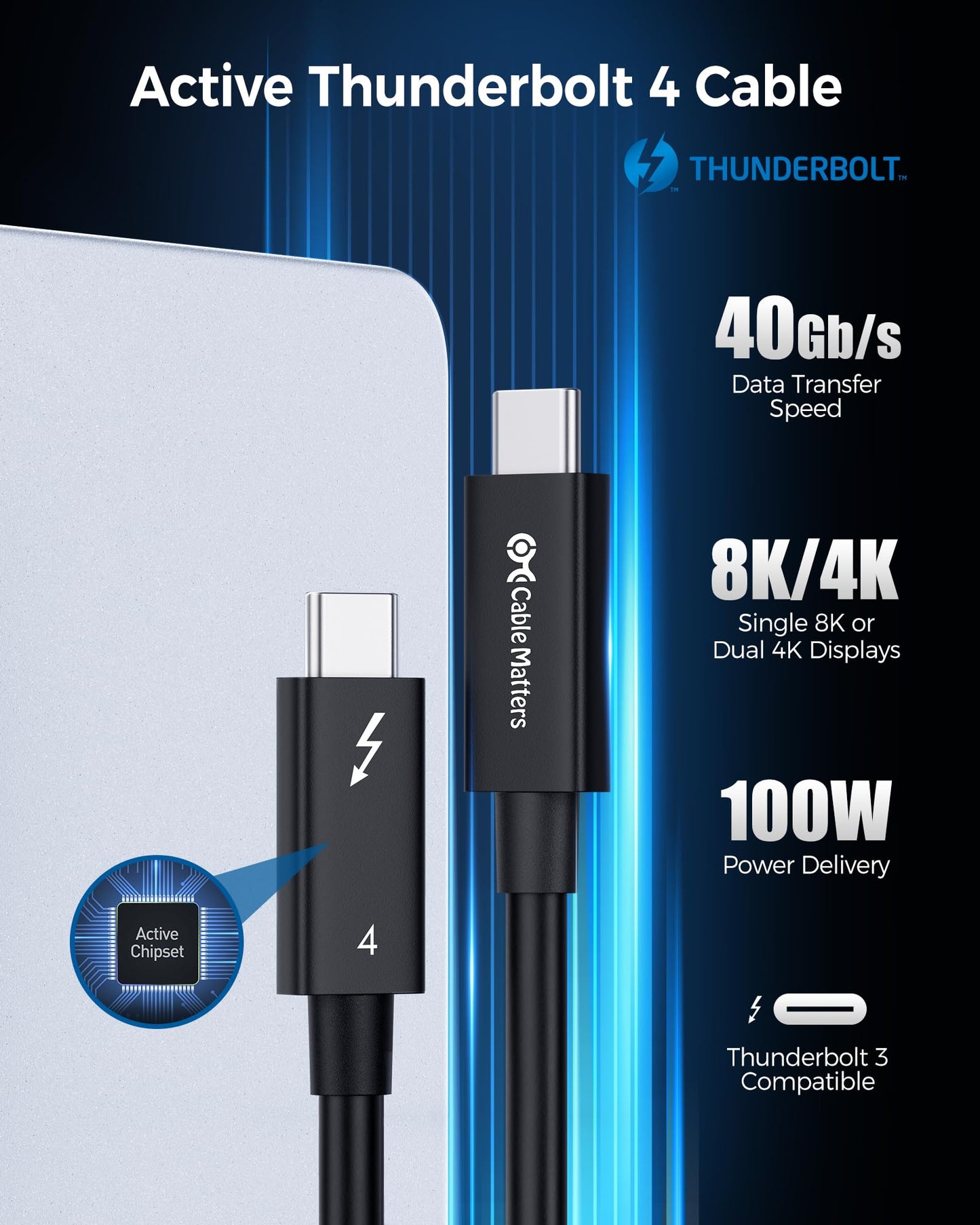 Cable Matters [Intel Certified] 40Gbps Active Thunderbolt 4 Cable 6.6 ft with 100W Charging and 8K Video - Fully Compatible with USB C/USB-C, USB 4 / USB4, and Thunderbolt 3