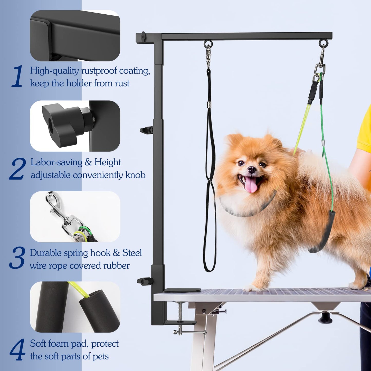 Pawaboo Dog Grooming Table Arm With Clamp, 35" Stand and Free Two No Sit Haunch Holder With Loop, Foldable for Small Medium Pet, Groomer Partner