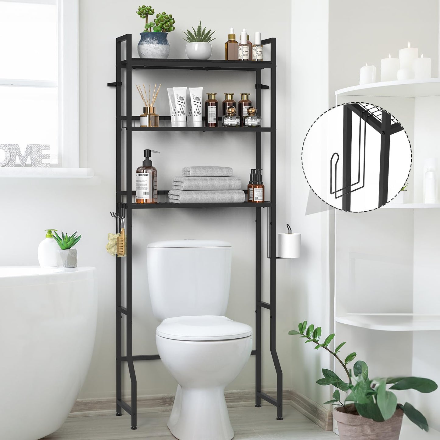 YBING Over The Toilet Rack 3 Tier Bathroom Shelf Over Toilet Storage Organizer Freestanding Above Toilet Storage Rack with Metal Frame and Hook Bathroom Stand and Space Saver Shelf,Black
