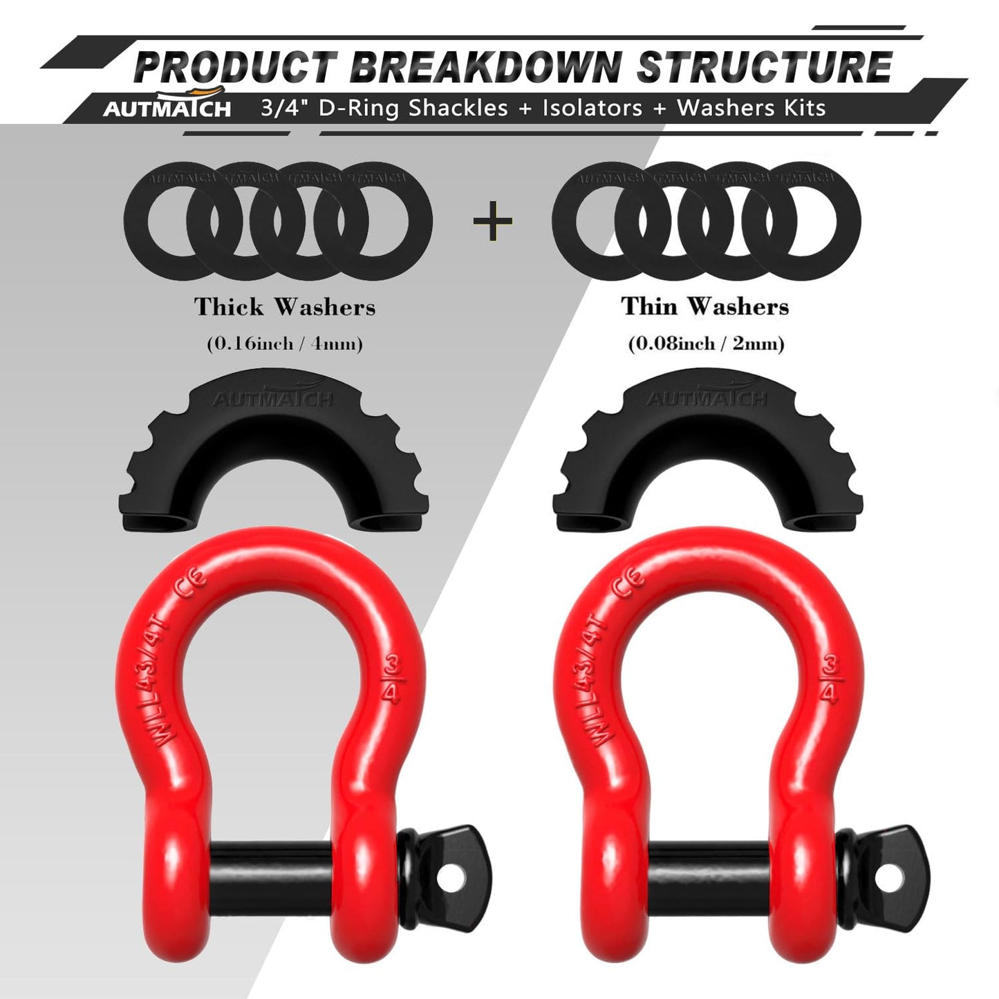 AUTMATCH D Ring Shackle 3/4" Shackles (2 Pack) 41,887Ibs Break Strength, Clevis Shackles with 7/8" Screw Pin and Shackle Isolator Washers Kit for Tow Strap Winch Off Road Vehicle Recovery, Red & Black