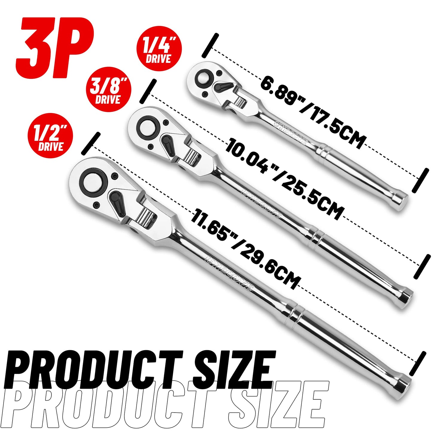 UYECOVE 1/2 3/8 1/4 Inch Drive Ratchet Set, 3Pcs Flex Head Ratchet Set, 72 Tooth Quick Release Flexible Swivel Head Socket Ratchet Wrench Set