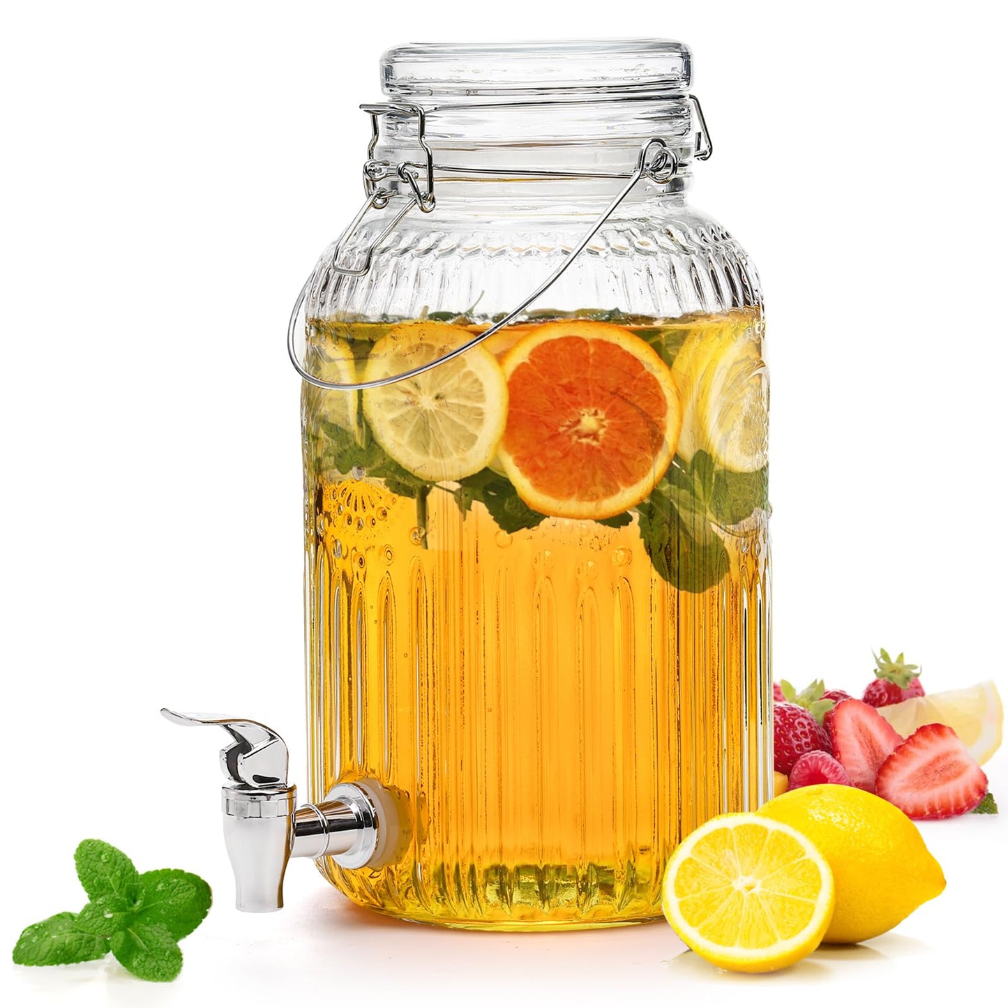 Kingrol 1 Gallon Glass Drink Dispenser with Lid and Spigot - Wide Mouth, Leak Proof Juice Pitcher- Vintage Beverage Dispenser for Party, Wedding, Picnic