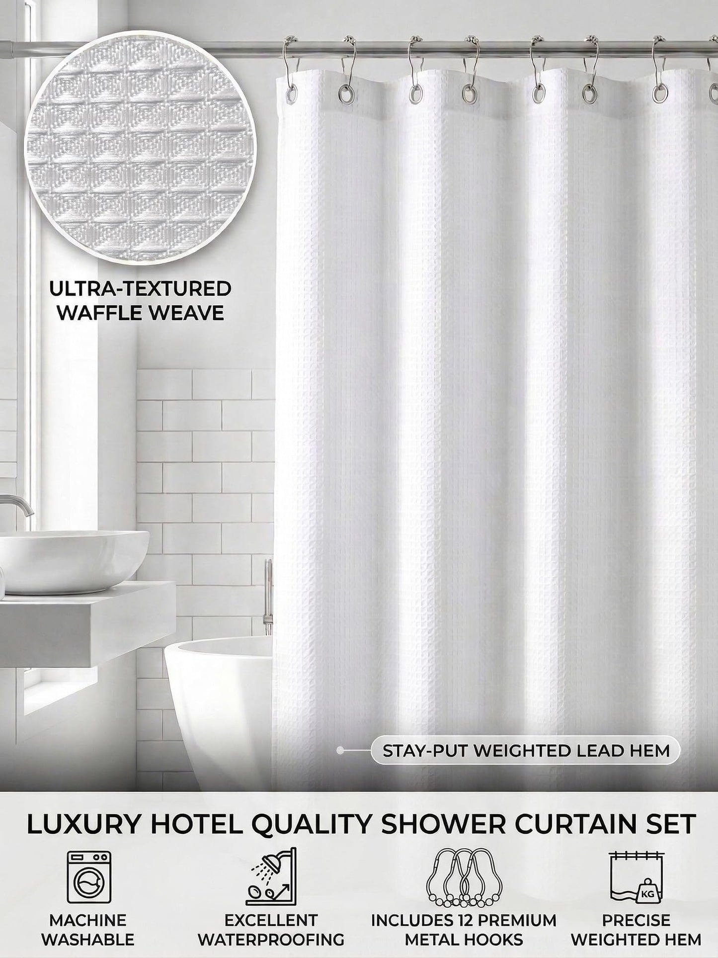 Mantto Waffle Shower Curtain Set, Premium Diamond Texture Fabric Shower Curtains for Bathroom, No Liner Needed, Waterproof & Heavy Duty with Weighted Hem with 12 Metal Hooks, 72 x 72 Inches, White