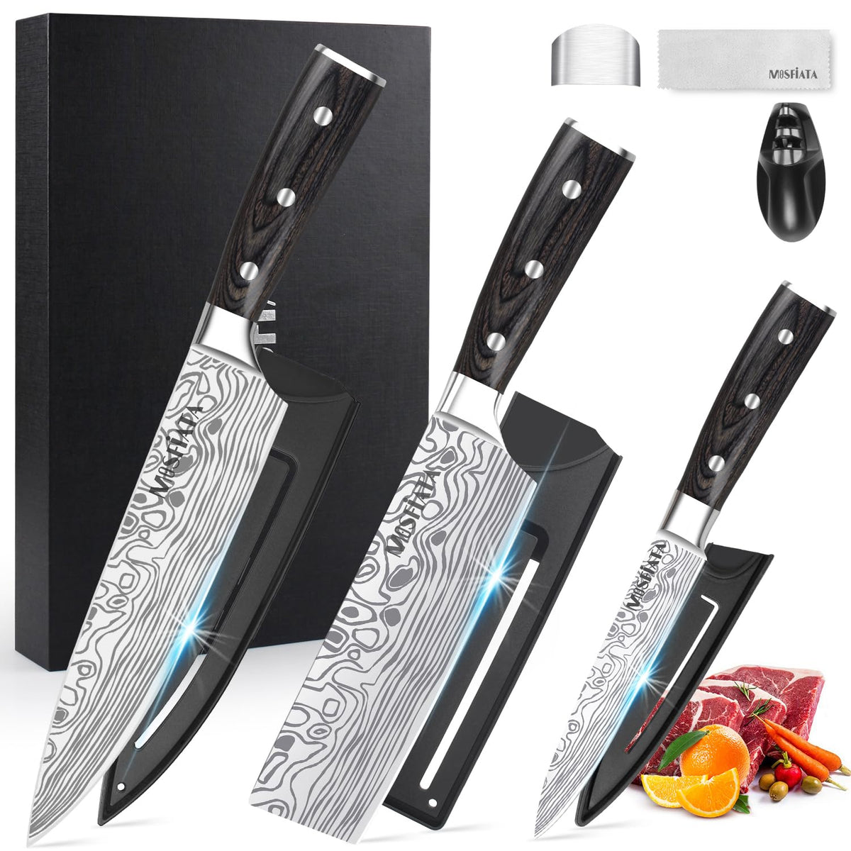 MOSFiATA Professional Chef Knife Set with German High Carbon Stainless Steel Kitchen Knife Set 3 PCS-8" Chefs Knife &7" Nakiri Knife&5" Utility Knife, Knives Set for Kitchen with Gift Box