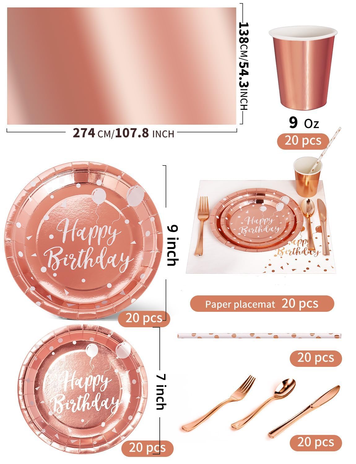 Nkaiso Birthday Party Tableware, 161 Pieces Rose Gold Party Supplies, Party Dinnerware Sets Include Paper Plates Napkins Cups Silverware, for Shower Engagement Parties Decoration -20 Serves