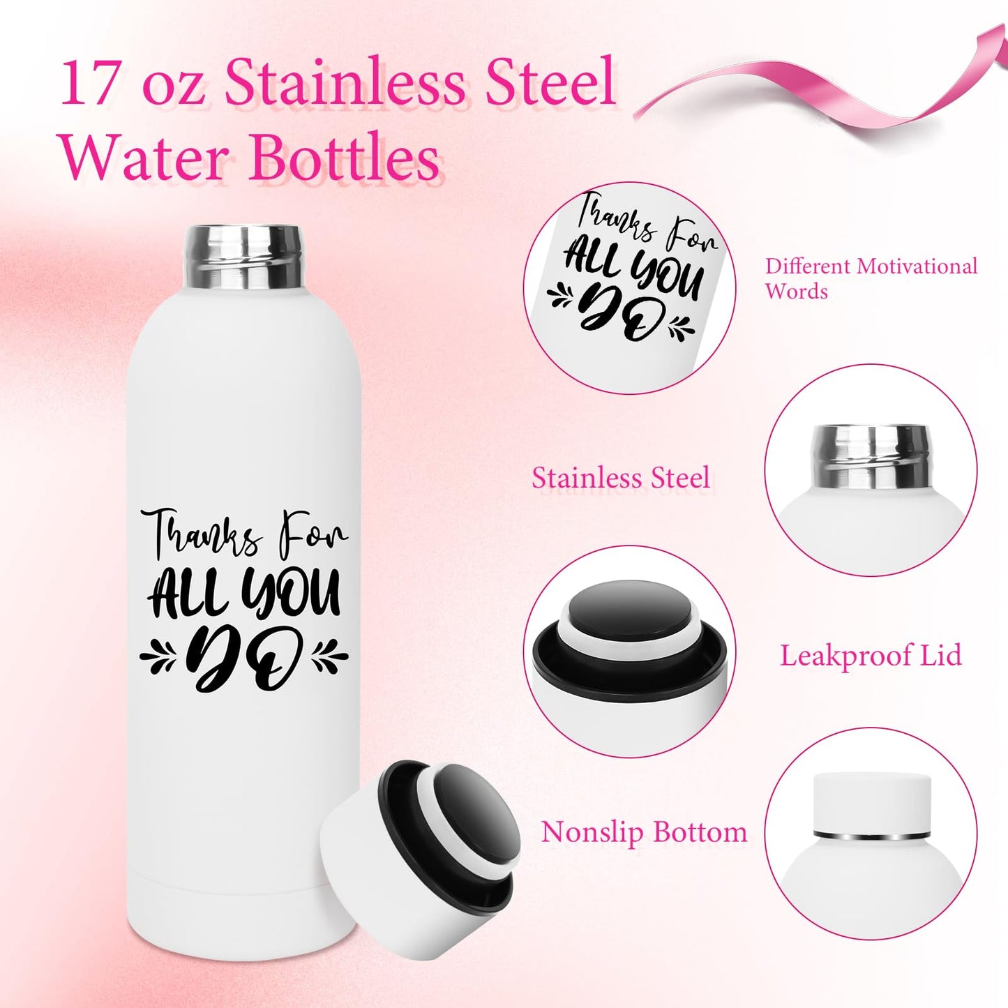 8 Pcs Employee Appreciation Gifts 17 oz Insulated Water Bottle Bulk Stainless Steel Double Wall Sport Bottle Reusable Thermal Water Bottle Thank You Gift for Women Coworker Teacher