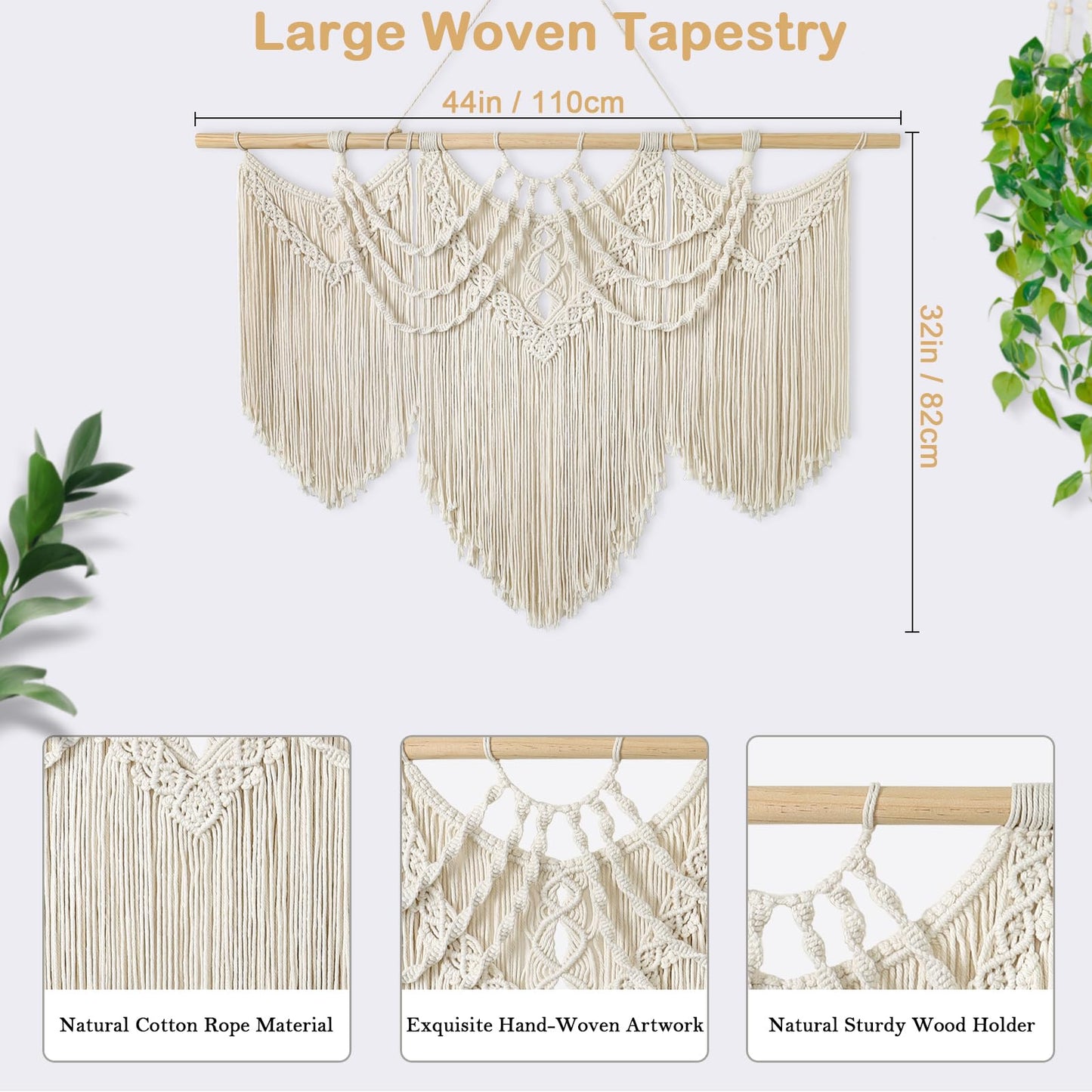 Betylifoy Macrame Wall Hanging Large Boho Chic Woven Tapestry Beige Tassel Tapestry Cotton Rope Woven Wall Art Decor for Bedroom Living Room Apartment Dorm Backdrop (Beige-fringe)