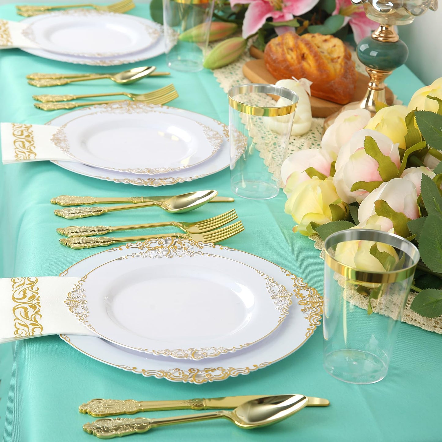 175PCS Gold Plastic Dinnerware White and Gold Plastic Plates for Party Include 25 Dinner Plates, 25 Dessert Plates, 25 Forks, 25 Spoons, 25 Knives, 25 Cups 25 Linen Napkins for Wedding, Birthday