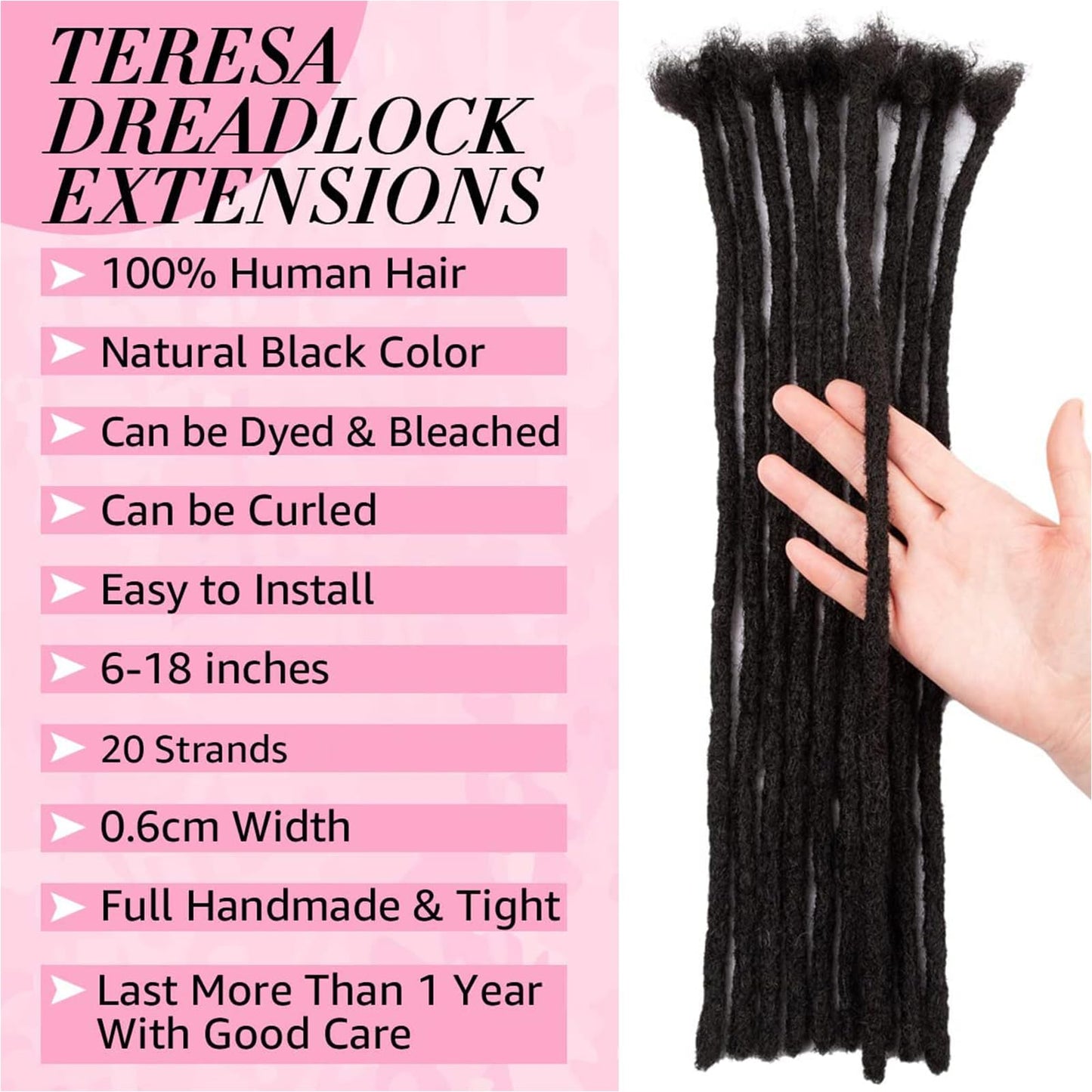 Alaleibaby0.6cmThickness 6 Inch 20Strands Real Human Hair Dreadlock Extensions for Man/Women Full Head Handmade Permanent loc Extensions Bundles Can Be Dyed Bleached Curled and Twisted (6 inch, 1B)