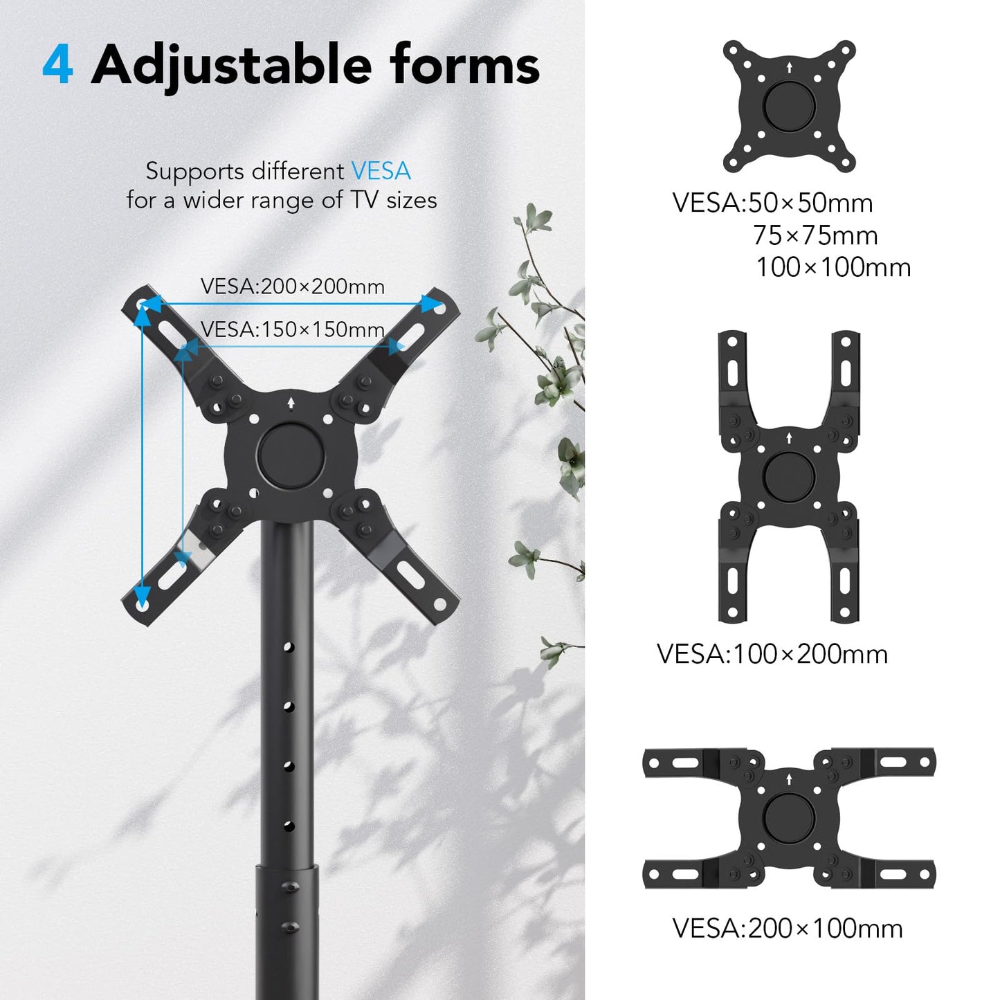 Mobile TV Floor Stand for 13-50 inch LCD LED Flat/Curved Panel Screen TVs up to 77 lbs, Height Adjustable TV Stand Mount with Tilt VESA 200x200, Portable TV Stand with Shelf AX2007TBM
