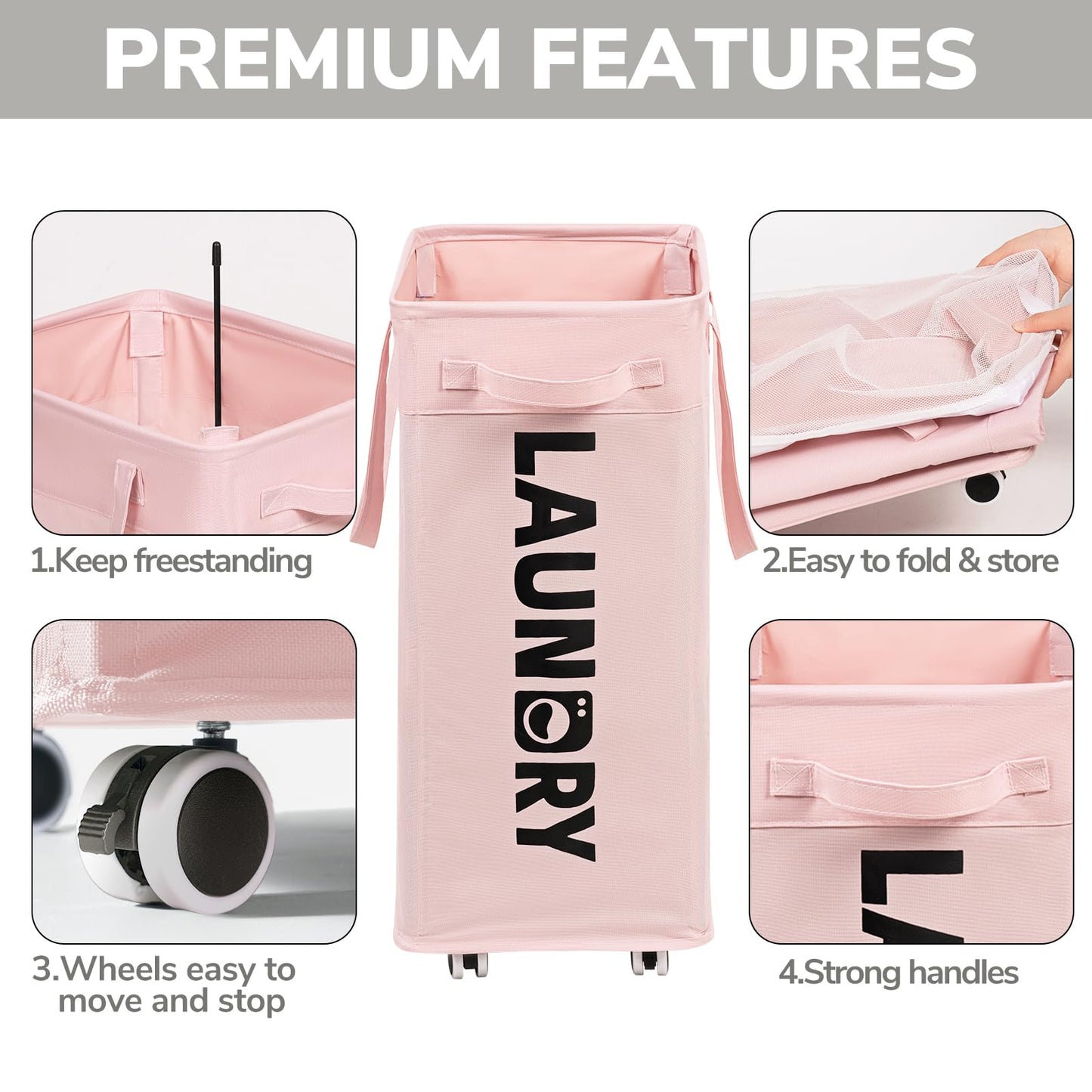 Goodpick Laundry Hamper with Wheels, 75L Collapsible Laundry Basket Organizer, Rolling Laundry Hamper with Removable Wash Bag for Living Room, Laundry Basket with Handle for College Dorm, Pink