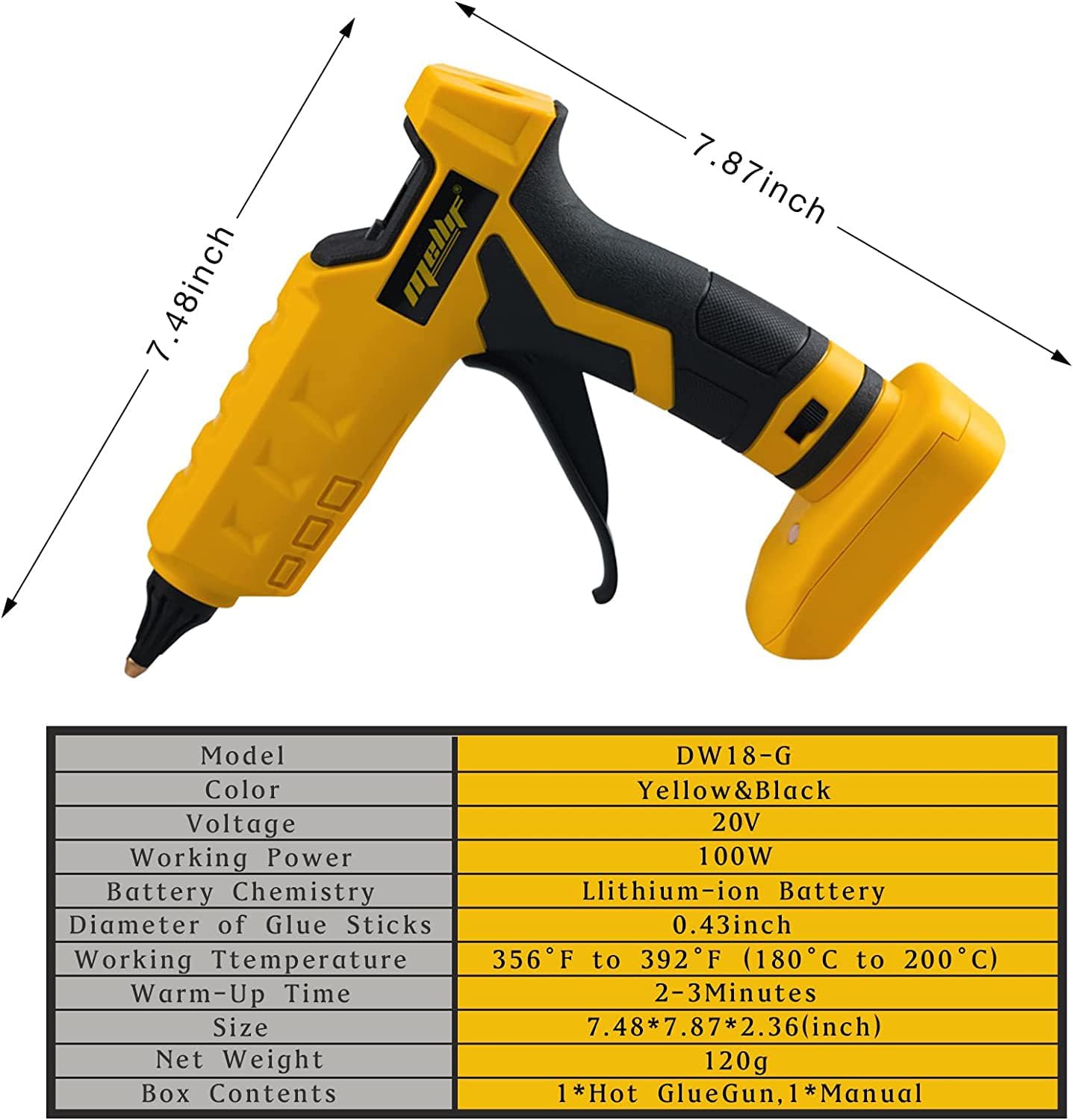 Mellif Cordless Hot Glue Gun Compatible with Dewalt 20V Max Battery, Handheld Electric Power Glue Gun Full Size for Arts & Crafts & DIY with 20 Glue Sticks (Tool Only)