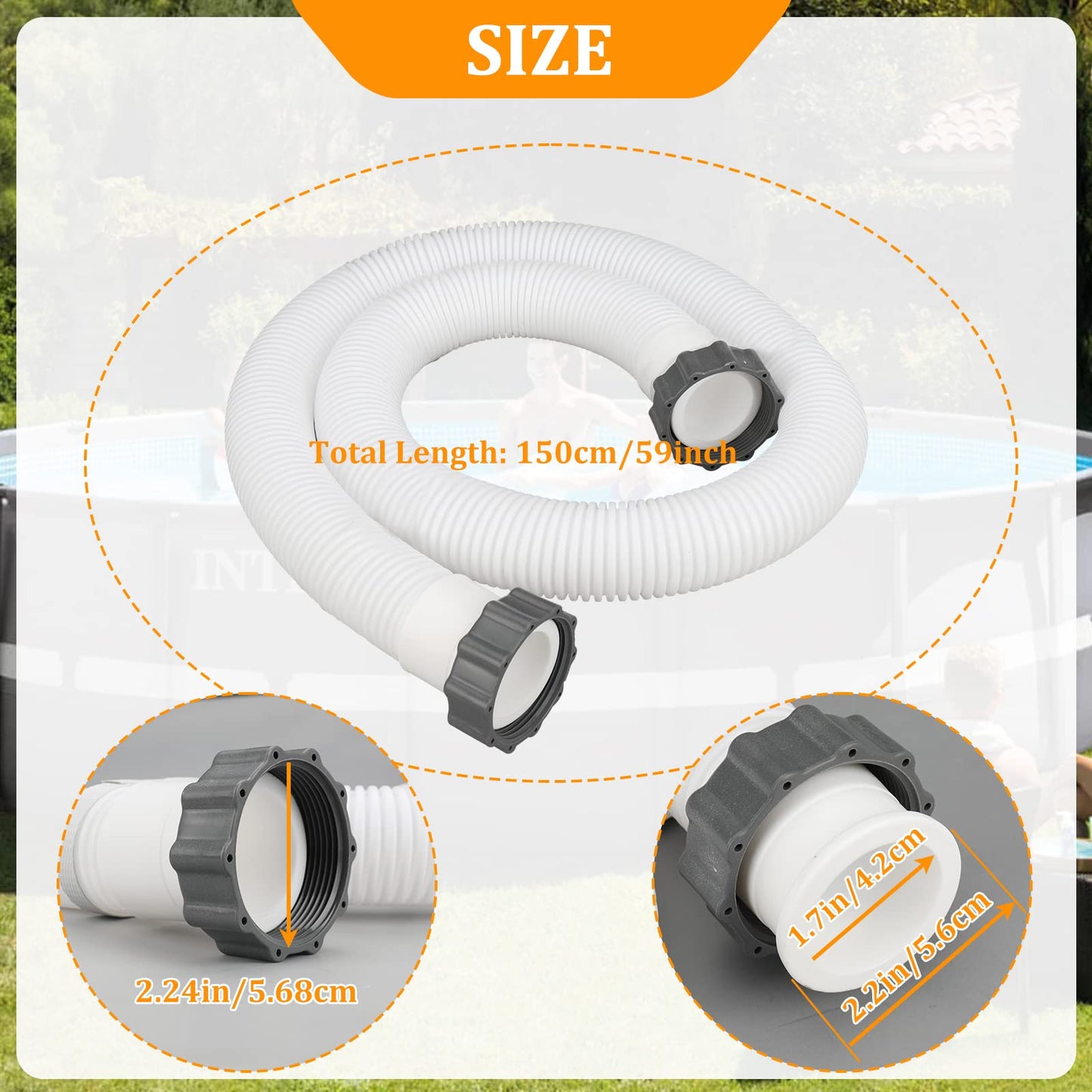 Swimming Pool Pump Replacement Hose, [Set of 2] 1 1/2 Diameter 59" Long Pool Filter Pump Replacement Hoses Kit with Cap Nut, Compatible with Filter Pump and Saltwater Systems
