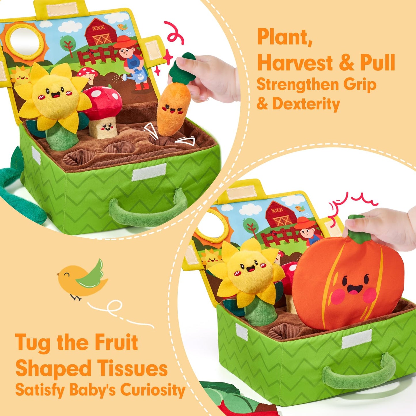 hahaland Baby Toys 6-12 Months - Fruits Vegetables Garden Plant Plush, 6 Month Old Toys Sensory Toy Carrot Flower with Rattles, Mirror, Squeaker, Textures, Crinkle Tissues for Babies