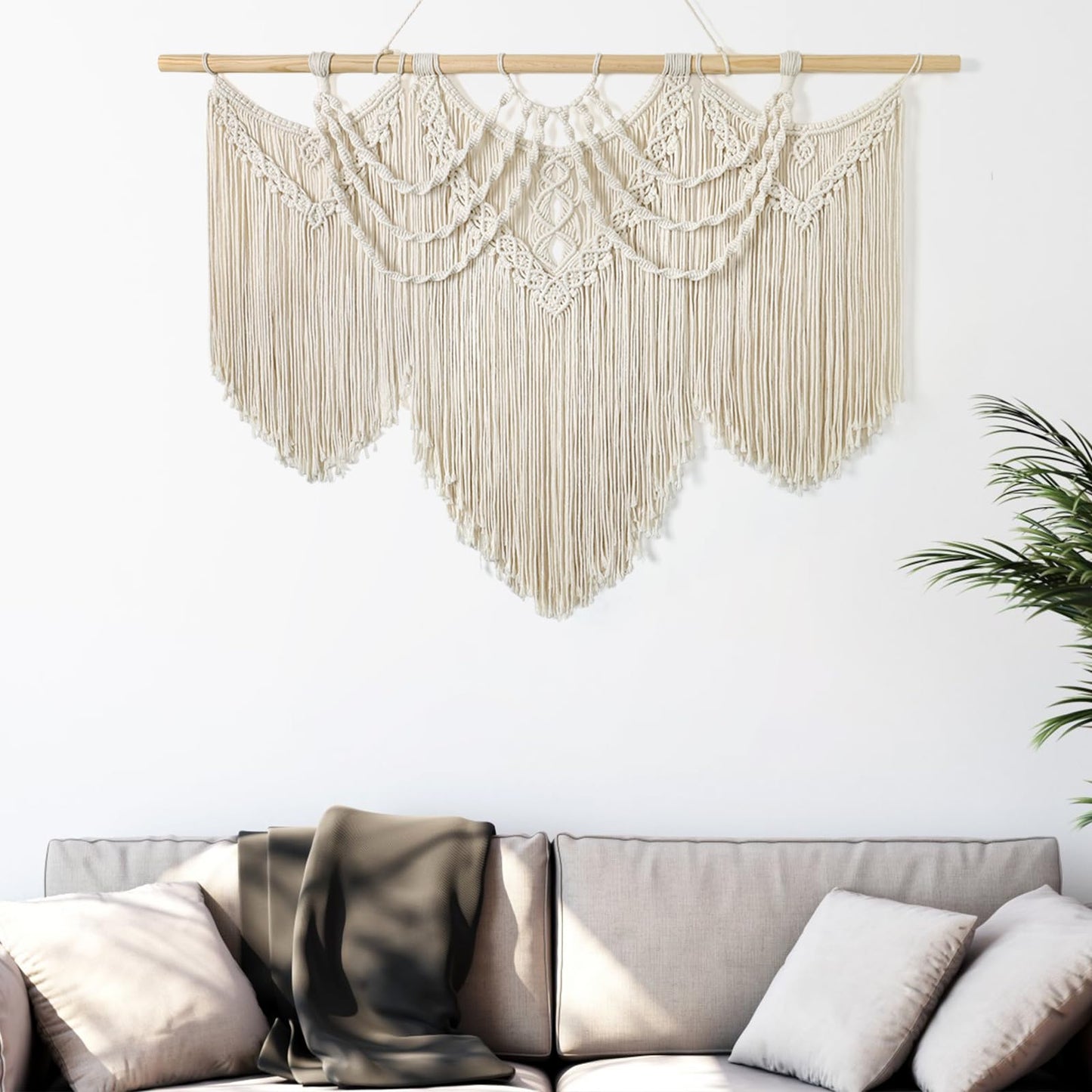 Betylifoy Macrame Wall Hanging Large Boho Chic Woven Tapestry Beige Tassel Tapestry Cotton Rope Woven Wall Art Decor for Bedroom Living Room Apartment Dorm Backdrop (Beige-fringe)