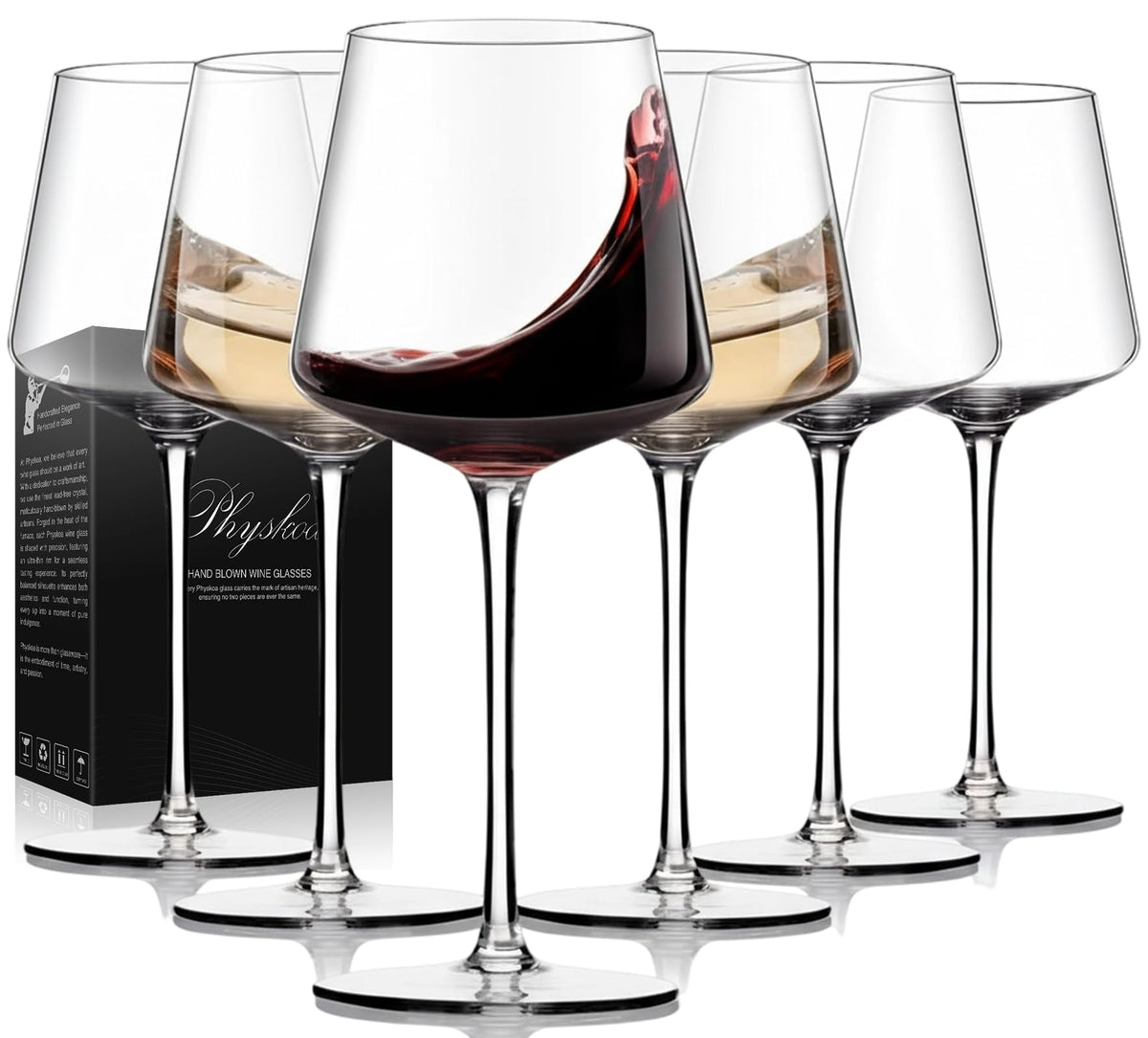 Physkoa Wine Glasses Set of 6-18oz,Crystal Clear Wine Glasses with Tall Long stem, Square Wine Glasses with Flat Bottom,Red/White for Home Party Christmas