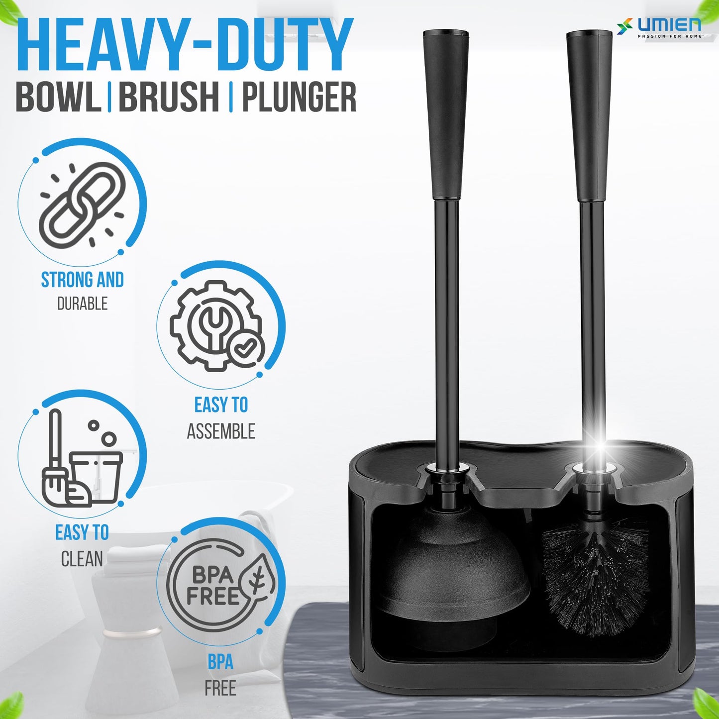 UMIEN™ Toilet Brush and Plunger Set - Black Stainless Steel Plunger and Toilet Brush Combo with Freestanding Canister - Modern and Sleek Bathroom Cleaning Accessories…