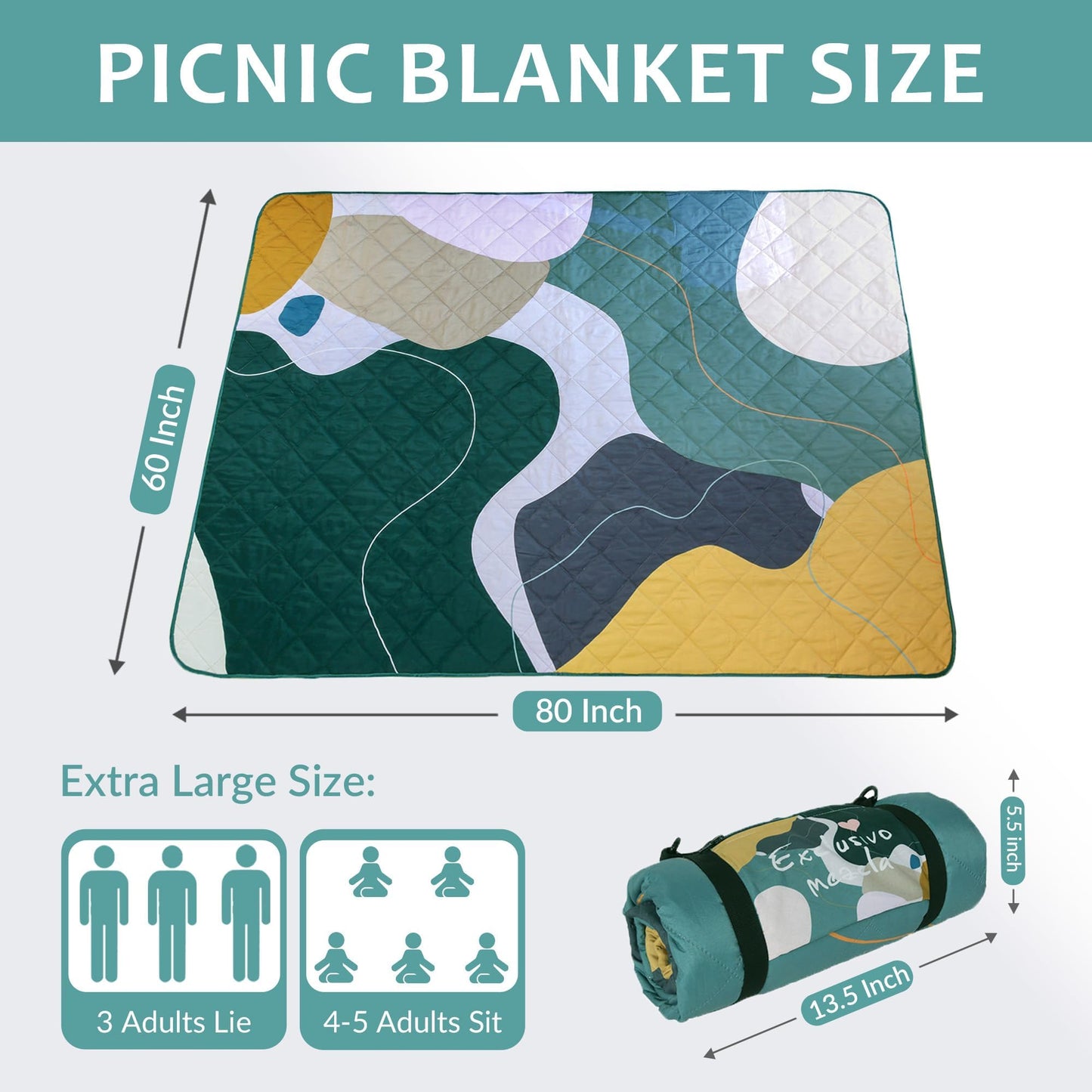 Exclusivo Mezcla Waterproof Picnic Blankets 3-Layer 60x80 Inches Large Sandproof Beach Blanket Foldable Outdoor Blanket for Camping on Grass Picnic Mat, Abstract Green