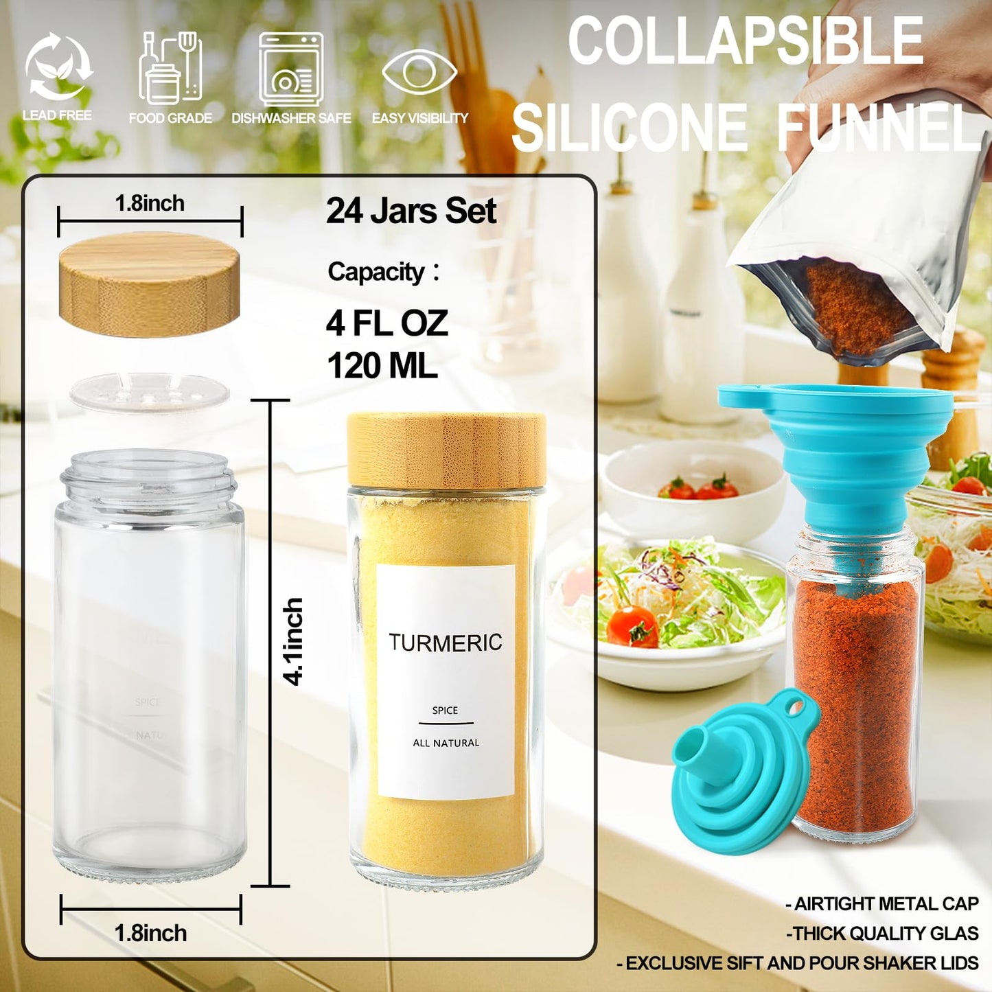 AISIPRIN 24 Pcs Glass Spice Jars with Bamboo Airtight Lids and 398 Labels, 4oz Empty Round Containers Seasoning Storage Bottles - Shaker Lids, Funnel, Brush and Marker Included