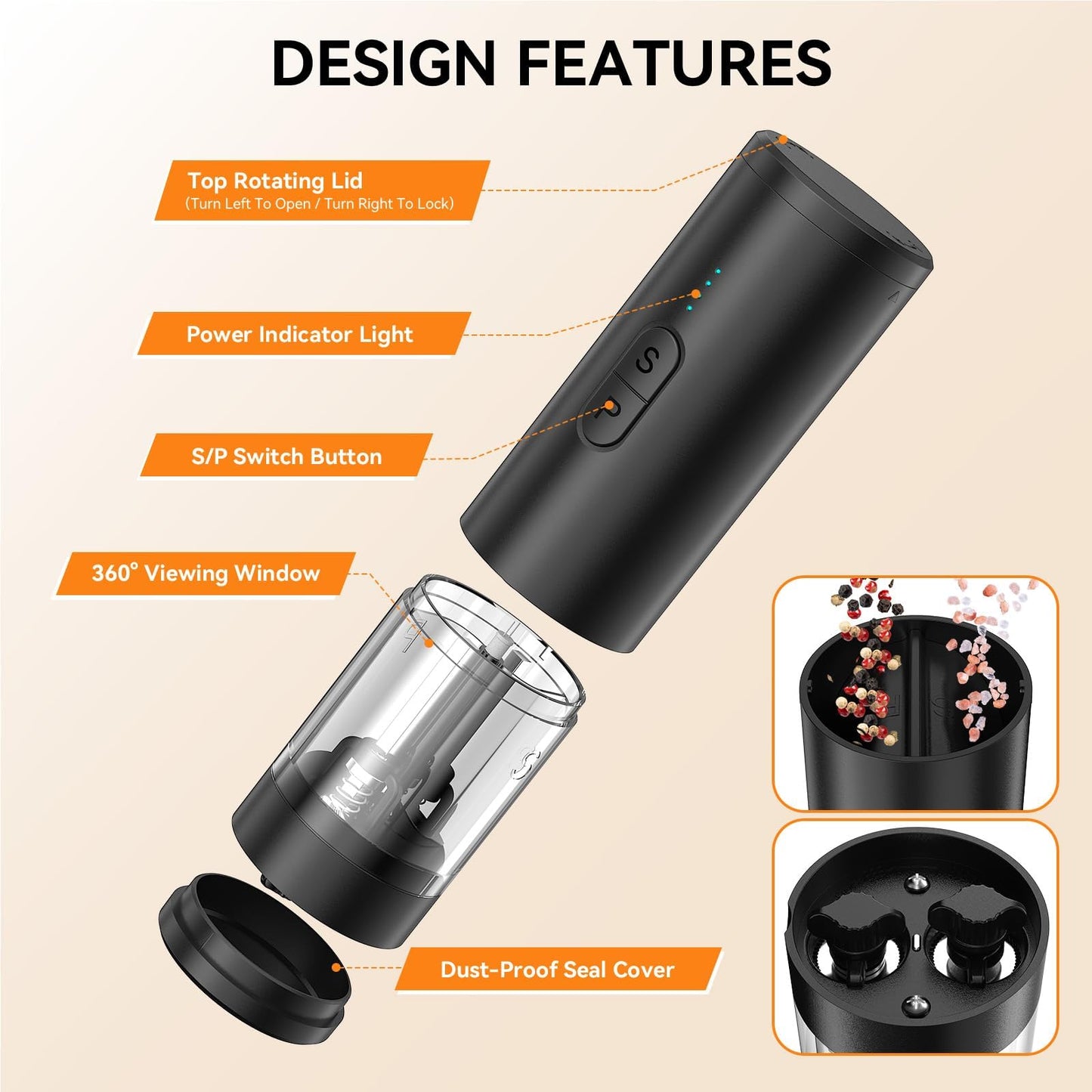 HeatBay 2 in 1 Electric Salt and Pepper Grinder Set, USB Rechargeable, Automatic Salt and Pepper Mill Shakers with Battery Display, LED Light, Adjustable Coarseness(Black)