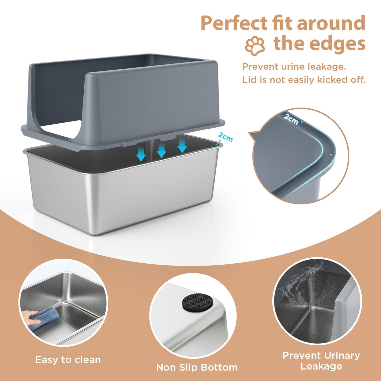 LIHOOOOM Enclosed Cat Litter Box,High Sided Stainless Steel Litter Box Anti-Leakage,Non-Stick Extra Large Litter Box with Lid,23.5" L x 15.5" W x 16" H(Grey)
