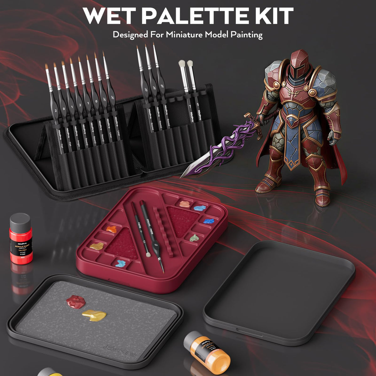 Nicpro Professional Miniature Painting Acrylic Kit, Stay Wet Palette & 16PCS Detail Paint Brushes Drybrush with Nylon Bag, Pallet Paper, 4PCS Sponge, Mixing Paint Saver Palette for by Number Models