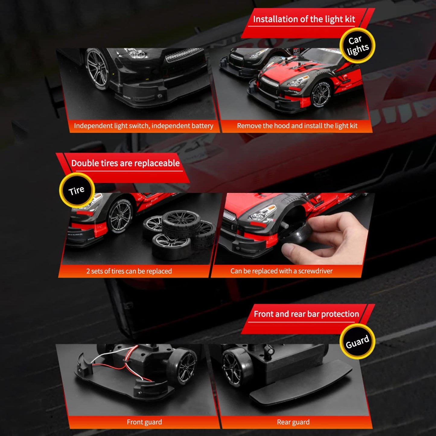 GoolRC RC Drift Car, 1:16 Scales GTR Model Pro RC Car, 4WD 30KM/H High Speed RC Racing Car 2.4GHz RTR Drift RC Cars with LED Lights for Adults and Kids