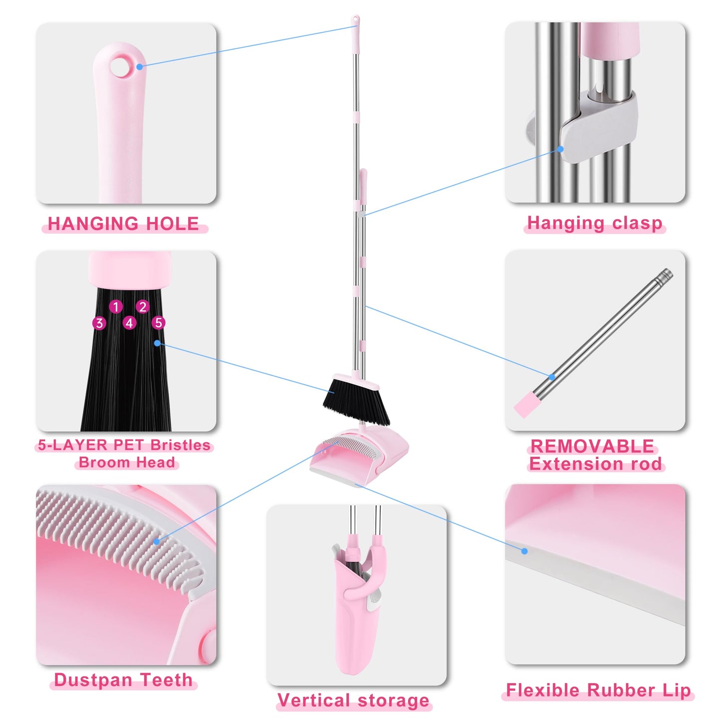 BSKLIN Pink Broom and Dustpan Set, 52” Long Adjustable Handle Broom with Dustpan Combo Set with Dust Pan Teeth to Clean Hair for Home Lobby Office