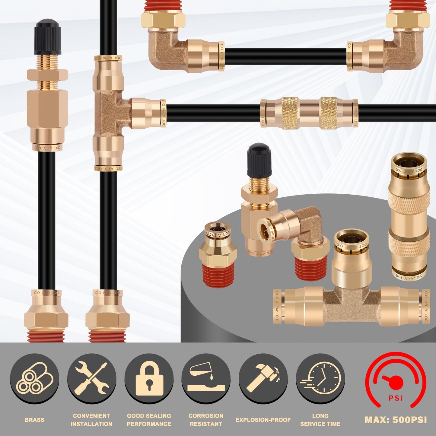 CheeMuii 50 FT DOT Air Line With Brass Fittings Kit for Air Bags Suspension - 1/4" Service Kit With Inflation Schrader Valves