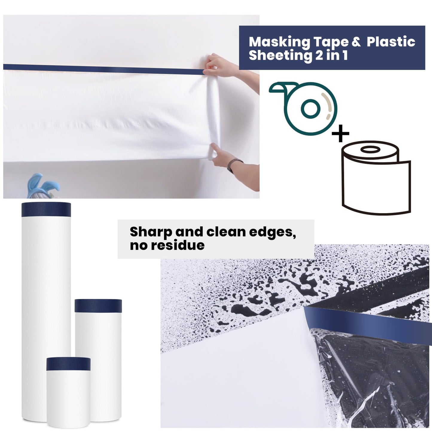 ADHES Painters Plastic with Tape, 48 inch x 90 feet x 3 Rolls Painters Tape with Plastic Attached, Pre Taped Masking Film Tape and Drape for Automotive Painting Covering