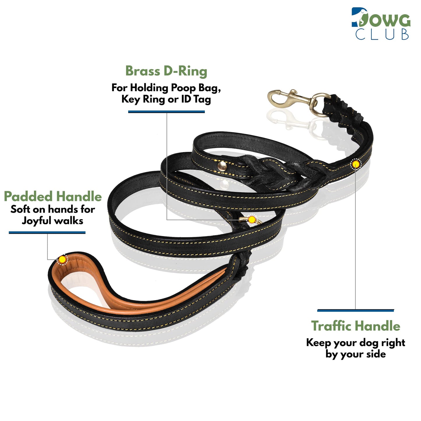 DowgClub | 6' Heavy Duty Genuine Leather Dog Leash for Small, Medium & Large Breeds | Hand Made, Hand Braided | 2 Handle Design | Soft Cushion Handle | Black, Brown & Tan | 6' x ¾”