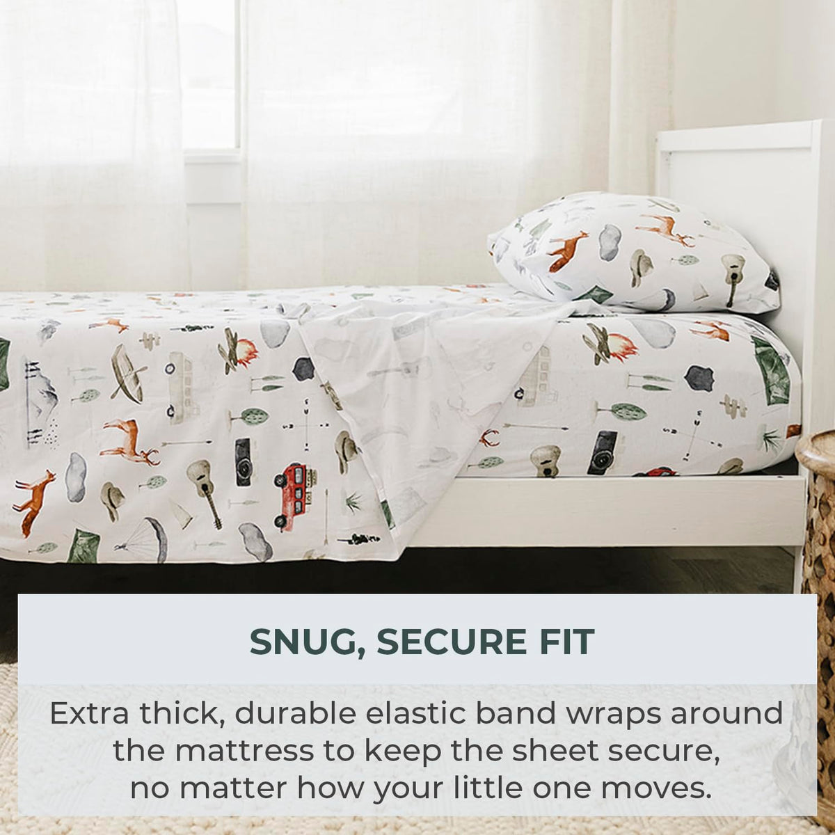 Pobi Baby Premium Twin Full Bed Sheet Set – Kids Double Bed Sheets in Cotton Blend | Ultra-Soft Woodland Camping Print with Fitted Sheet, Flat Sheet & Pillowcases - 3 PC (Explore)
