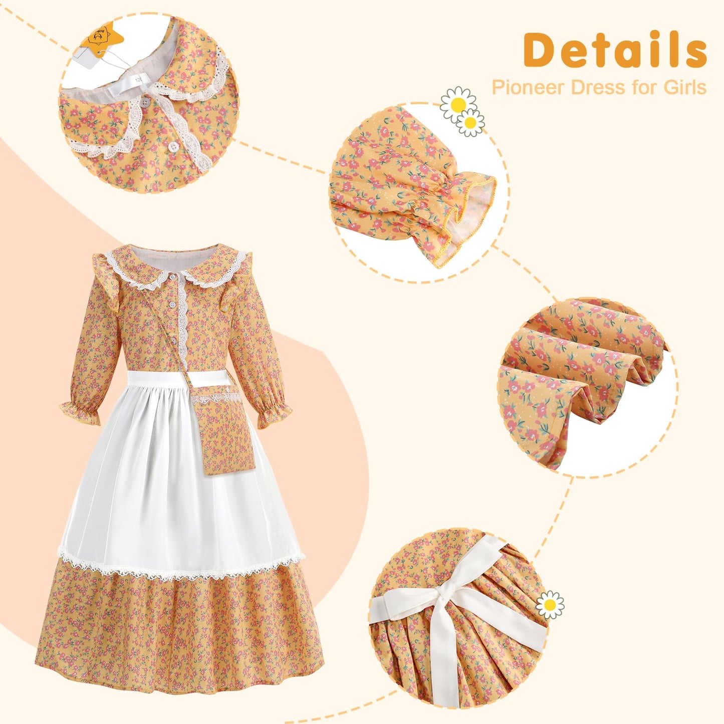 Aoiviss Girls Pioneer Costume Floral Colonial Prairie Dress for Little Kids with Apron and Bonnet, Yellow
