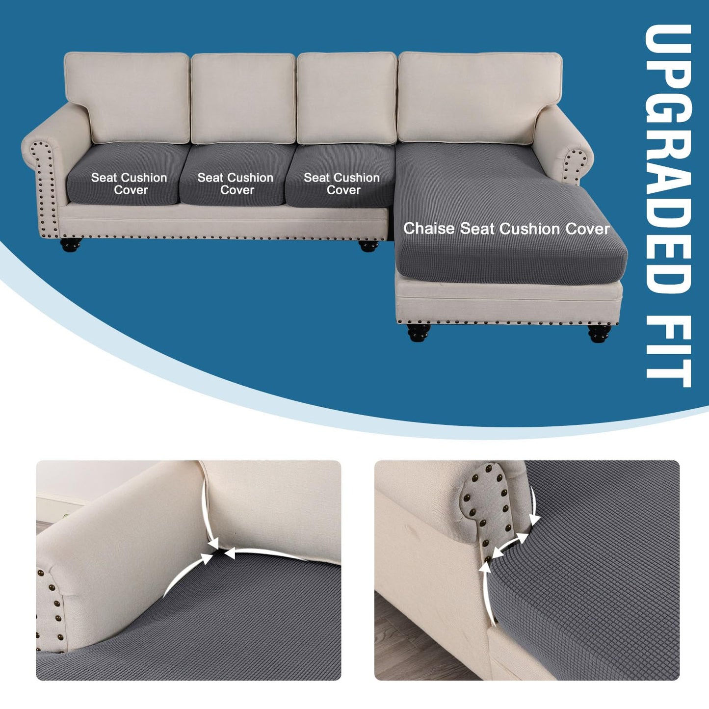 H.VERSAILTEX Sectional Couch Covers 4 Pieces Sofa Seat Cushion Covers L Shape Separate Cushion Couch Chaise Cover for Both Left/Right Sectional Couch (Seat Only: 1 Chaise + 3 Sofa, Grey)