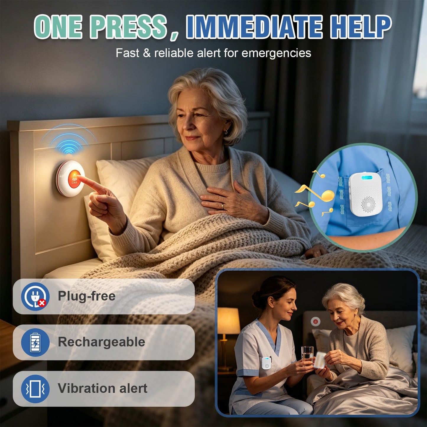 DAYTECH Wireless Caregiver Pager Emergency Call Button for Seniors Portable Call Bell with 500Ft+ Range and Vibration Alert, 1 Rechargeable Receiver 1 Alert Button