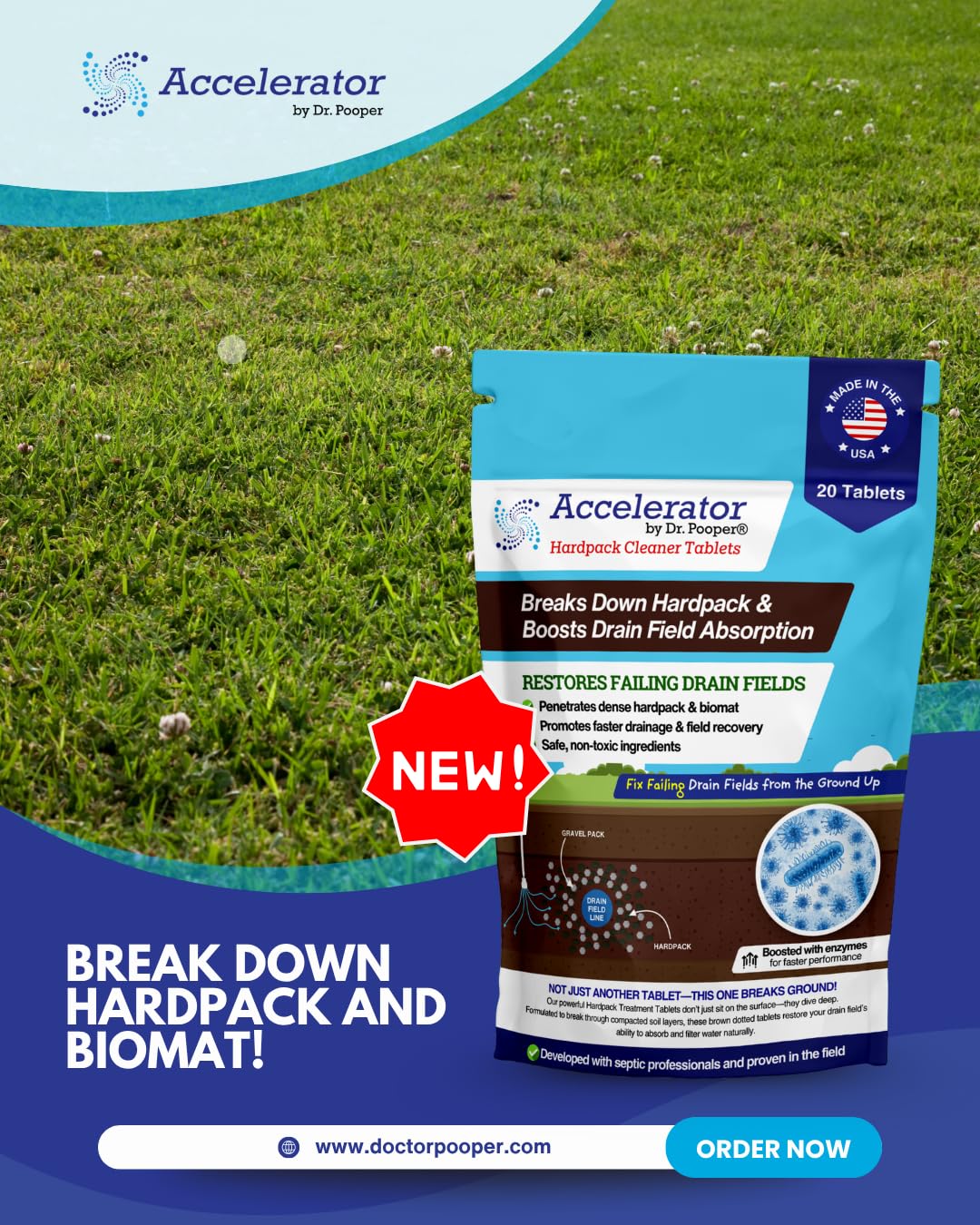Accelerator by Dr. Pooper® – Hardpack Cleaner Tablets for Septic Systems | Breaks Down Hardpack & Boosts Drain Field Absorption | 20 Tablets - Use with our tool kit — available separately
