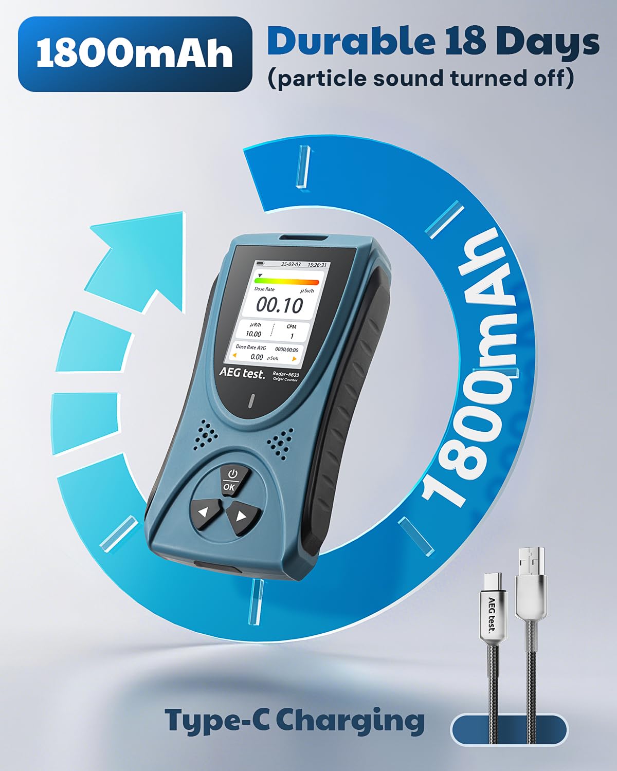 Geiger Counter AEGTEST Radar-5633 Portable Nuclear Radiation Detector with LCD Screen, Rechargeable Dosimeter for Beta Gamma X-ray Detection, Measures in CPM μSv/h μR/h μSv - Blue