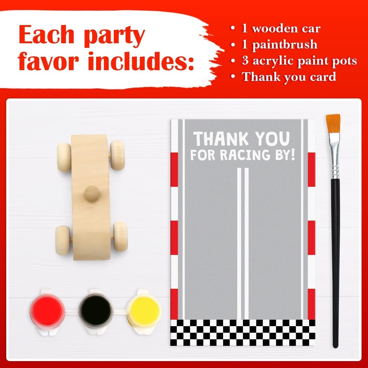 Racecar Painting Party Favors Kit - 12 Unfinished Wooden Cars, Acrylic Paints, Brushes, Thank You Cards, Perfect for Racing-Themed Birthday & Two Fast Theme Party Supplies
