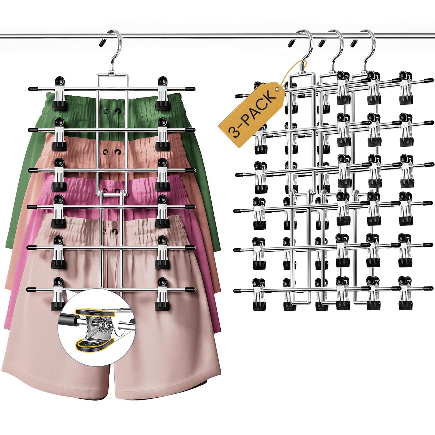 DAMITA Skirt Pants Hangers with Clips Space Saving Hanging Closet Organizer 6 Tiers Hanger with 360° Swivel Hook, Finger-Safe Design- College Dorm Room Apartment Essentials 3-Pack