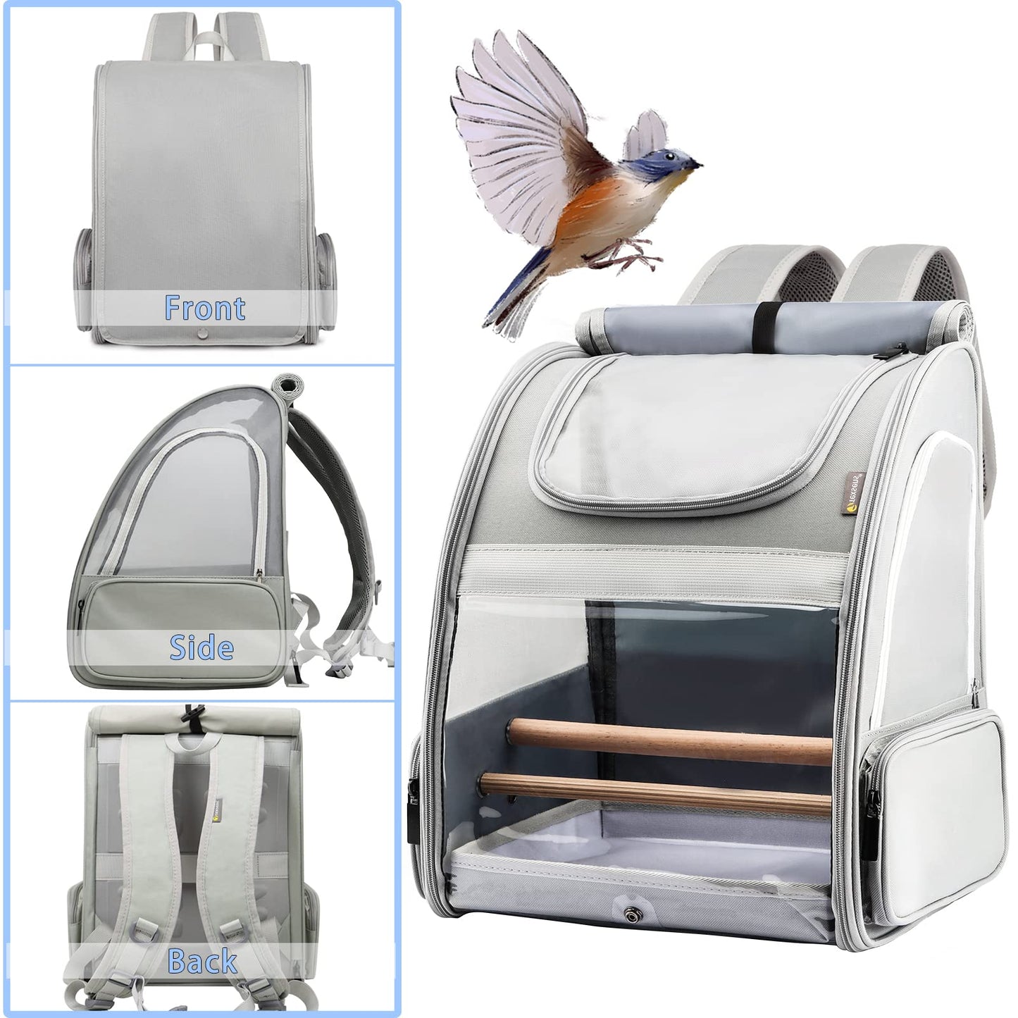 Texsens Bird Carrier Backpack - Pet Travel Cage with Upgraded Tray and Standing Perch, Breathable & Portable, for Small Birds, Green Cheek, Cockatiel, Parrot (Grey)